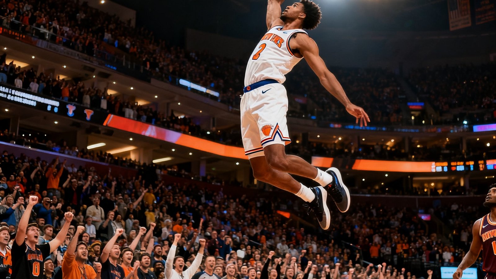 NBA常规赛高清直播画面，球员飞身扣篮瞬间，球馆内上万观众欢呼