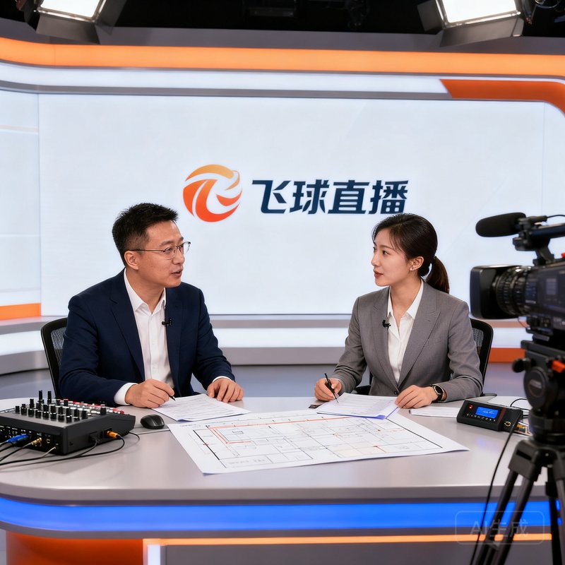 飞球直播运营副总裁王骏飞，在演播室与体育解说员讨论直播方案