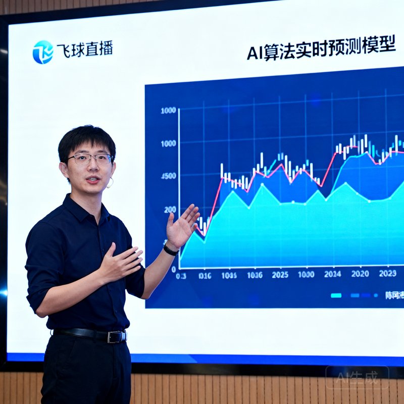 飞球直播AI算法负责人陈雨桐，在大屏幕前展示实时数据预测模型